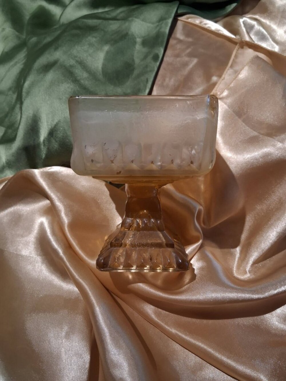 Vintage Amber Frosted Satin Glass Square Pedestal Compote Dish Planter